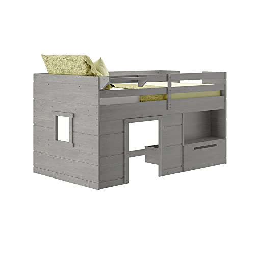 Max & Lily Modern Farmhouse Low Loft Bed, Twin Bed Frame for Kids with 1 Drawer, Driftwood