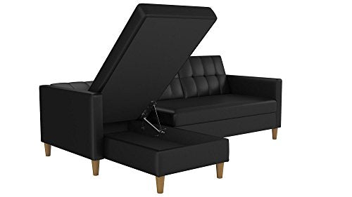 DHP Hartford Storage Sectional Futon with Interchangeable Chaise, Space-saving Design with Multi-position Back, Wooden Legs, Black Faux Leather