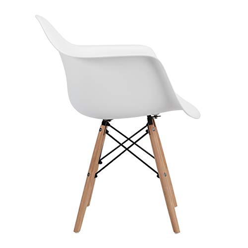 CangLong Natural Wood Legs Mid Century Modern Molded Shell Lounge Plastic Arm Chair for Living, Bedroom, Kitchen, Dining, Waiting Room,2 PCs Pack- White, Set of 2, White