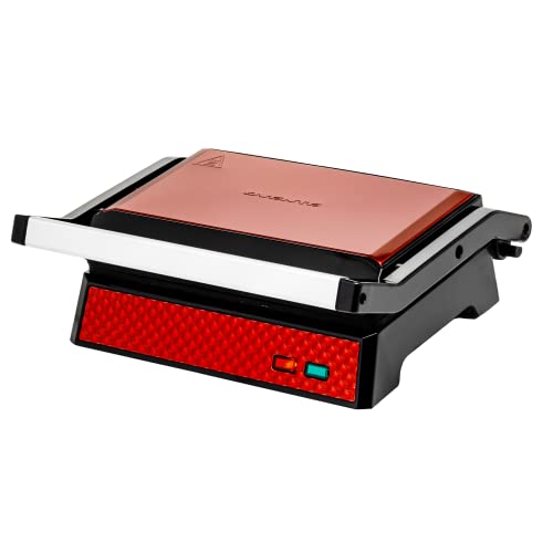 OVENTE Electric Indoor Panini Press Grill and Sandwich Maker with Non-Stick Coated Plates, Opens 180 Degrees to Fit Any Type or Size Food, Temperature Control and Removable Drip Tray, Red GP0540R