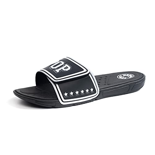 FUNKYMONKEY Sandals for Men Hook and Loop Adjustable Slip on Sport Slides (9 M US, Black/White)