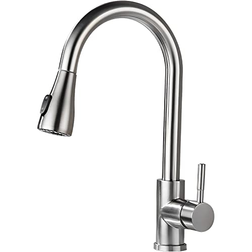 Single Handle High Arc Brushed Nickel Pull Out Kitchen Faucet,Single Level Stainless Steel Kitchen Sink Faucets with Pull Down Sprayer