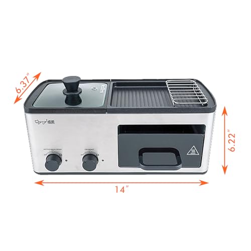 4 in 1 Breakfast Maker Station with Indoor Grill/Griddle/Toast Drawer/Frying Basket, Removable Nonstick Plates, Dual Temperature Control, Silver