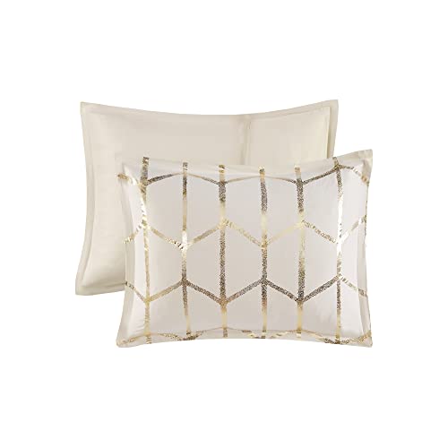Intelligent Design Raina King / Cal King Comforter Set, Soft Microfiber Comforter Set King, Modern Geometric Metallic Bed Set, 5 Pieces College Bedding Comforter Set with 2 Shams, 2 Toss Pillows Ivory