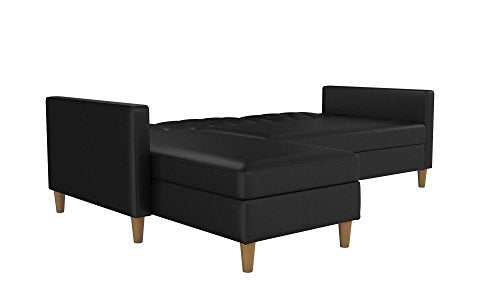 DHP Hartford Storage Sectional Futon with Interchangeable Chaise, Space-saving Design with Multi-position Back, Wooden Legs, Black Faux Leather