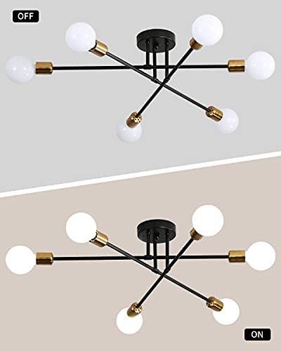 Biewalk Mid Century Sputnik Chandelier Light Fixture Semi Flush Mount Ceiling Light Black for Living Room, Kitchen, Bedroom, Dining Room (6 Light)