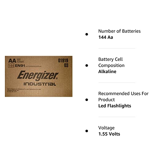 Energizer EN91 Industrial Alkaline Batteries, AA (Box of 144 Batteries) - Made in The USA or Singapore