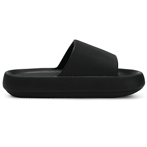welltree Slides for Women Men Pillow Slippers Non-Slip Bathroom Shower Sandals Soft Thick Sole Indoor and Outdoor Slides,Black,13-14 Women/11.5-12.5 Men