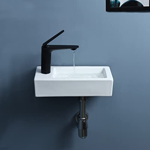 bathivy 15"x7.5" Wall Mount Corner Bathroom Sink with Pop-up Drain & Installation Kits, Rectangular White Ceramic Vessel Sink, Wall Hung Mini Floating Sink, Small Corner Sink for Bathrooms (Left Hand)