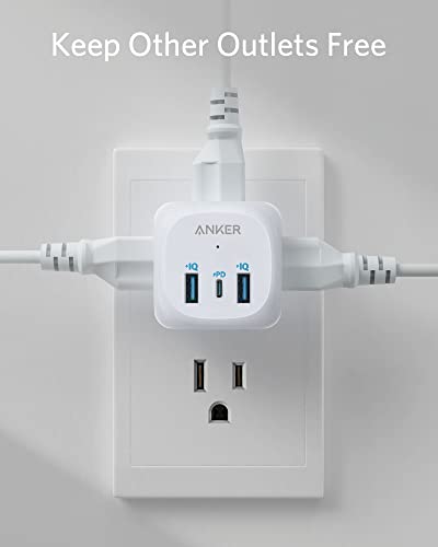 Anker USB C Outlet Extender, 321 Outlet Extender With 3 Outlets and 20W USB C Charging for iPhone 14/13, Power Delivery Charging for School,Dorm,Rooms, Home,Office, Cruise Travel Esstential,TUV Listed
