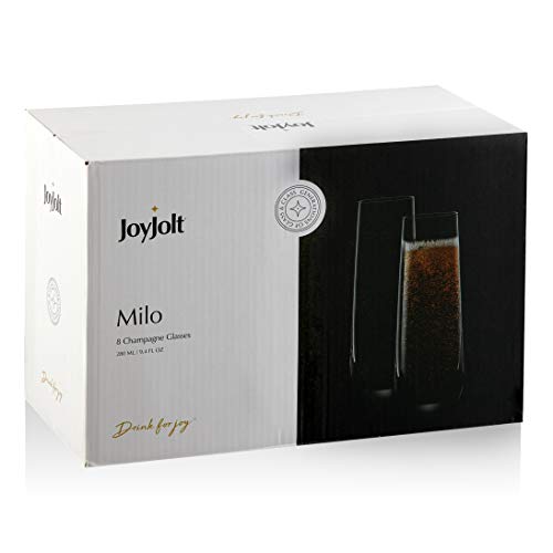 JoyJolt Milo Stemless Champagne Flutes Set of 8 Crystal Glasses. 9.4oz Champagne Glasses. Prosecco Wine Flute, Mimosa Glasses Set, Cocktail Glass Set, Water Glasses, Highball Glass, Bar Glassware