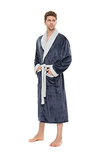 iniber Mens Robe Soft Lightweight Hooded Robes Full Length Robe for Men,Plus Size XS-4XL Warm Plush Bathrobe with Pockets