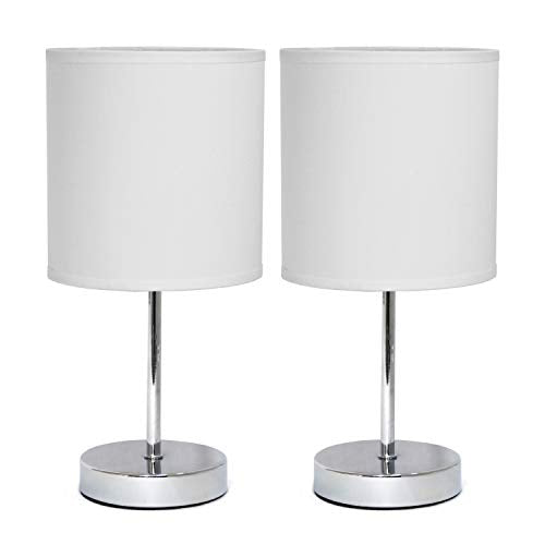 Simple Designs LT2007-WHT-2PK Chrome Mini Basic Table Lamp with Fabric Shade 2 Pack Set, White