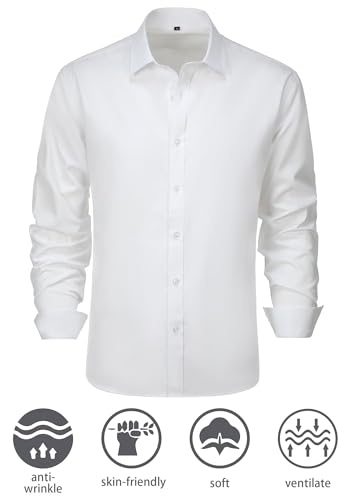 BONOW Dress Shirt for Men White Formal Full Sleeves Regular Fit Business Stretch Button Down Shirts S