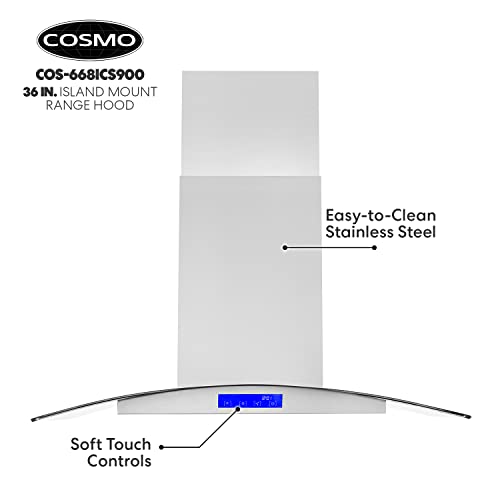 COSMO 668ICS900 36 in. Island Range Hood with 380 CFM, 3 Speeds, Ducted, Permanent Filters, Soft Touch Controls, LED Lights, Curved Glass Hood in Stainless Steel