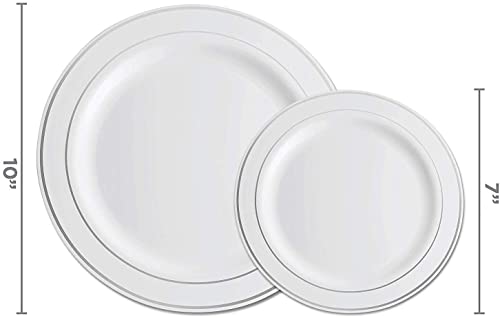 600 Piece Silver Dinnerware Set -100 Silver Rim 10 inch Plastic Plates 100 Silver Rim 7 Inch Plates -300 Silver Plastic Silverware -100 Silver Plastic Cups -100 Guest Disposable Silver Dinnerware Set