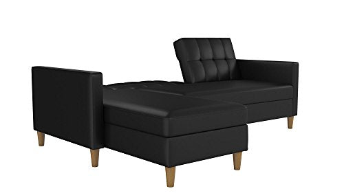 DHP Hartford Storage Sectional Futon with Interchangeable Chaise, Space-saving Design with Multi-position Back, Wooden Legs, Black Faux Leather