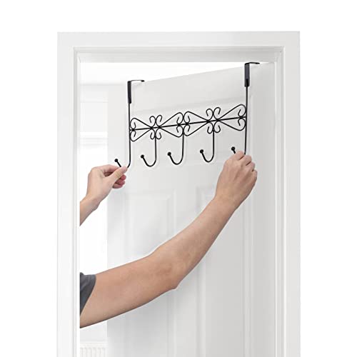 5 Pack Over The Door Hooks Hanger, Over The Door Towel Rack Coat Rack with 5 Hooks, Metal Hanging Organizer for Clothes Coat Hat Towel Bedroom Bathroom, Black