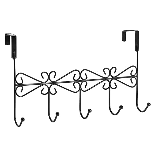 5 Pack Over The Door Hooks Hanger, Over The Door Towel Rack Coat Rack with 5 Hooks, Metal Hanging Organizer for Clothes Coat Hat Towel Bedroom Bathroom, Black