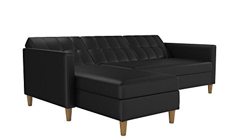 DHP Hartford Storage Sectional Futon with Interchangeable Chaise, Space-saving Design with Multi-position Back, Wooden Legs, Black Faux Leather