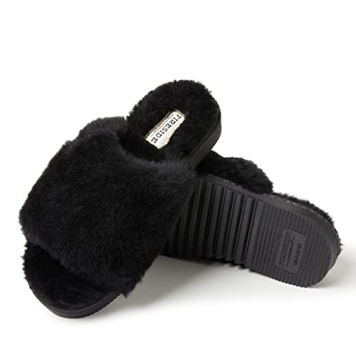Dearfoams Women's Fireside Cairns Shearling Easy on/Off Slide Sandal Slipper, Black, 9