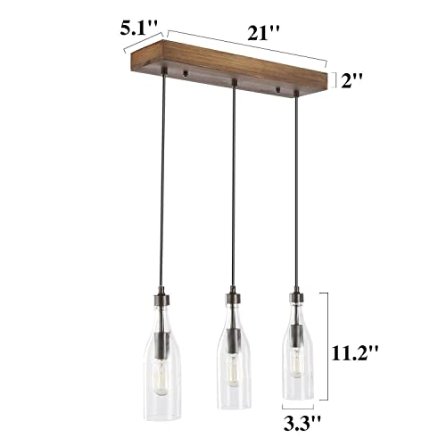 LNC Wooden Pendant Lights, 3-Height Adjustable Bottle Glass Pendant Lighting, Clear Glass Bottle Inspired Lighting Fixture