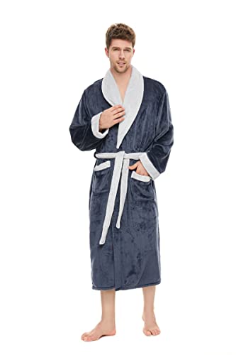 iniber Mens Robe Soft Lightweight Hooded Robes Full Length Robe for Men,Plus Size XS-4XL Warm Plush Bathrobe with Pockets
