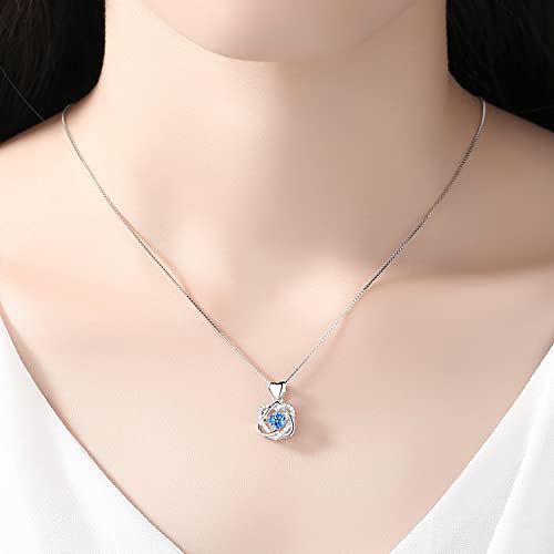 Sparkling Dancing Diamond Necklace - Dainty 925 Sterling Silver Pendant with Cubic Zirconia Birthstones for Women and Girls - Ideal Gift for Valentine's Day, Christmas (HeartBlue)