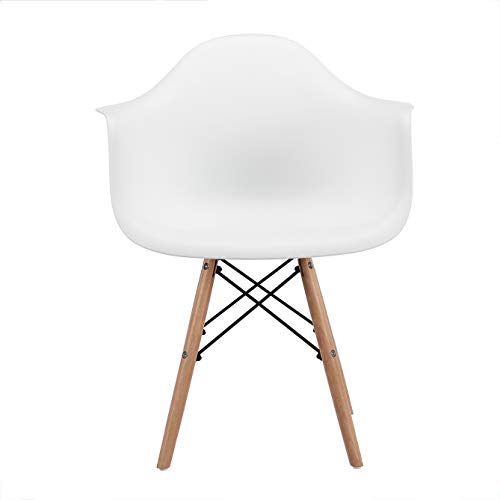 CangLong Natural Wood Legs Mid Century Modern Molded Shell Lounge Plastic Arm Chair for Living, Bedroom, Kitchen, Dining, Waiting Room,2 PCs Pack- White, Set of 2, White