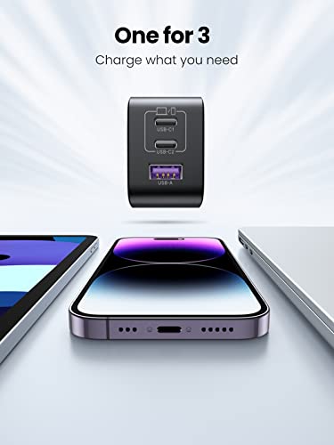 UGREEN USB C Charger 65W Nexode 3 Ports GaN Fast Charger Block, Compact Foldable Wall Charger Compatible with MacBook Pro/Air, Dell XPS, iPhone 14, iPad Pro, Galaxy S23, Pixel 7, Steam Deck (Black)