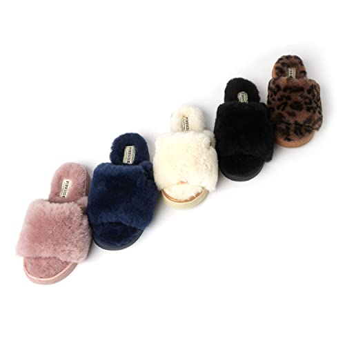 Dearfoams Women's Fireside Cairns Shearling Easy on/Off Slide Sandal Slipper, Black, 9