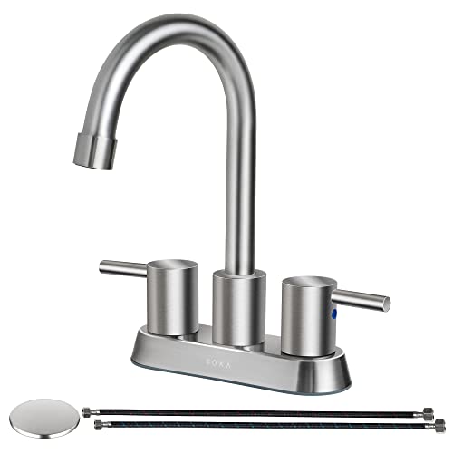 SOKA Commercial Bathroom Faucet 3 Hole Brushed Nickle Bathroom Sink Faucet with Pop-Up Drain Deck Plate for 3 Hole, 2 Handles 4 Inch Sink Lavatory Faucets with 360° Swivel