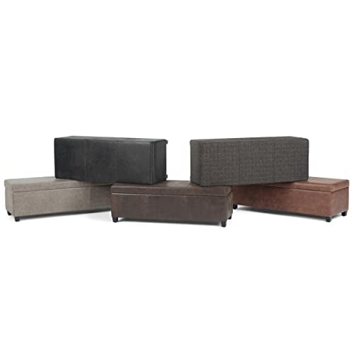 SIMPLIHOME Avalon 48 inch Wide Rectangle Lift Top Storage Ottoman Bench in Upholstered Distressed Umber Brown Faux Leather with Large Storage Space for the Living Room, Entryway, Bedroom