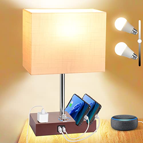 Dott Arts Bedside Lamp for Bedroom, Fully Dimmable Table Lamp with USB Ports, Small Table Lamps with Charging Station AC Outlet and Phone Stands Nightstand Lamp for Living Room(LED Bulb Included)
