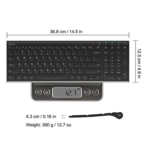 Arteck HW193 USB Wireless Keyboard Stainless Steel Ultra Slim Full Size Keyboard with Numeric Keypad for Computer/Desktop/PC/Laptop/Surface/Smart TV and Windows 11/10/8 Built in Rechargeable Battery