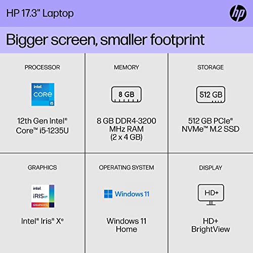 HP 17.3-inch Laptop, 11th Generation Intel Core i5-1135G7, Intel Iris Xe Graphics, 8 GB RAM, 512 GB SSD, Windows 11 Home (17.3-cn0026nr,Natural Silver)