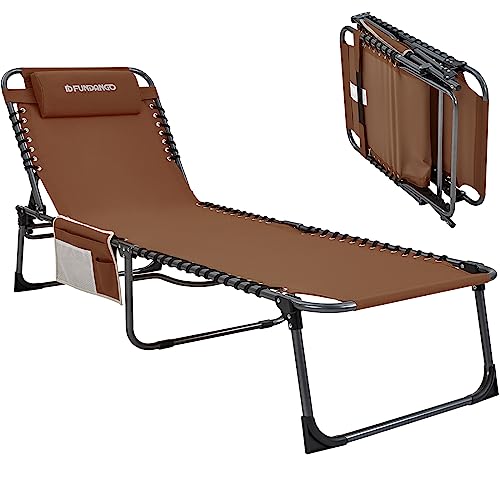 FUNDANGO Folding Outdoor Chaise Lounge Chair, 5-Position Adjustable Lounge Chair for Lawn, Patio, Beach, Sunbathing, Deck, Portable Heavy-Duty Camping Reclining Chair with Pillow, Khaki