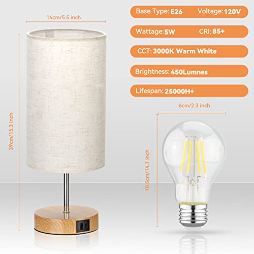 Bedside Lamp with USB C+A Ports - Touch Control Small Table Lamp for Bedroom with 3 Lighting Modes,Nightstand Lamps with Round Flaxen Fabric Shade for Living Room, Dorm, Office (LED Bulb Included)