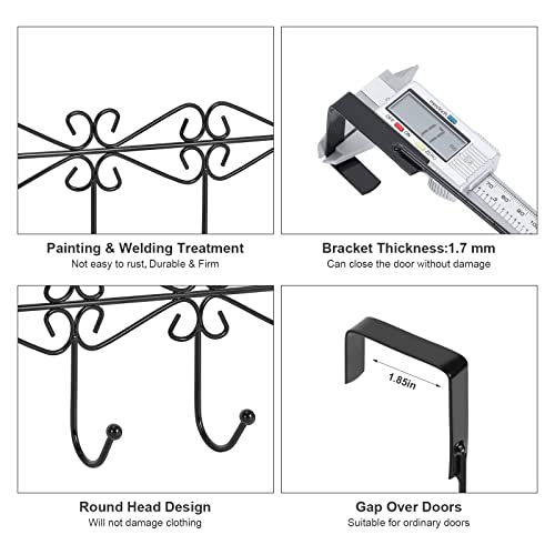 5 Pack Over The Door Hooks Hanger, Over The Door Towel Rack Coat Rack with 5 Hooks, Metal Hanging Organizer for Clothes Coat Hat Towel Bedroom Bathroom, Black