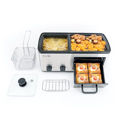 4 in 1 Breakfast Maker Station with Indoor Grill/Griddle/Toast Drawer/Frying Basket, Removable Nonstick Plates, Dual Temperature Control, Silver