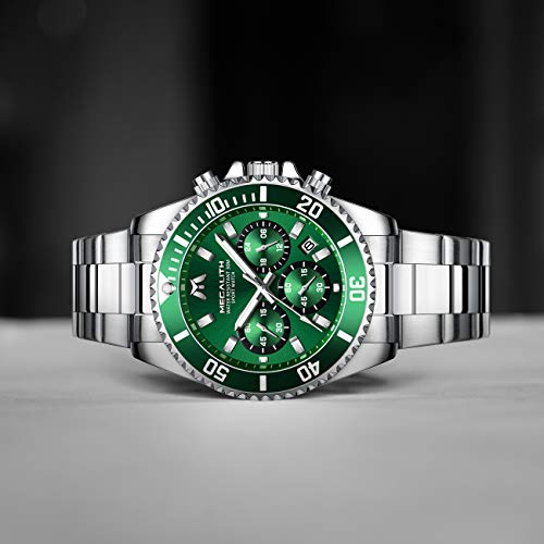 MEGALITH Mens Watches with Stainless Steel Waterproof Analog Quartz Fashion Business Chronograph Green Watch for Men, Auto Date