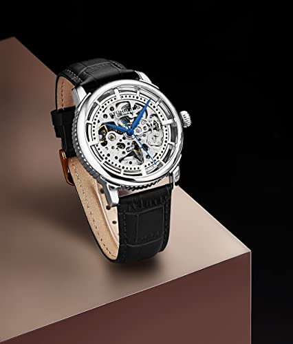 Stuhrling Original Mens Automatic Watch Skeleton Stainless Steel Self Winding Dress Watch with Premium Leather Band Legacy Collection (Silver)