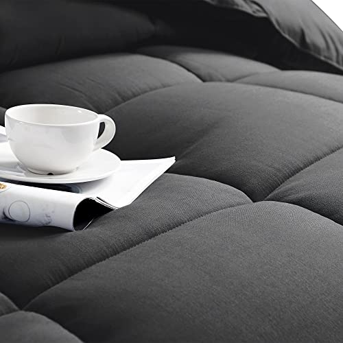 BEDHOURS Queen Comforter Set-3 Pieces Down Alternative Queen Size-All Season Reversible Comforter with 2 Pillow Shams-Corner Tabs Machine Washable (Dark Grey Queen)