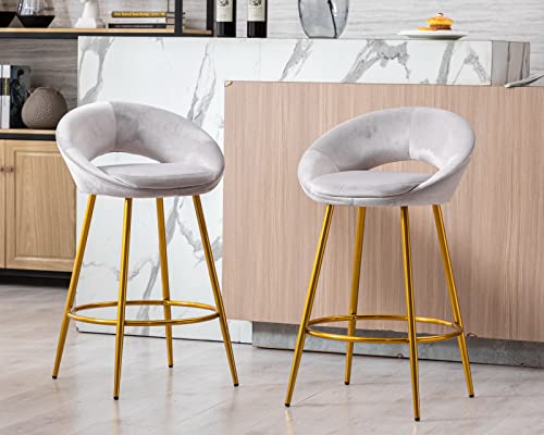 CIMOTA Velvet Grey Bar Stools Set of 2 Modern Barstools 26 Inch Counter Stool Chairs with Open Back/Gold Base Kitchen Stools for Island/Home Bar/Dining Room/Kitchen