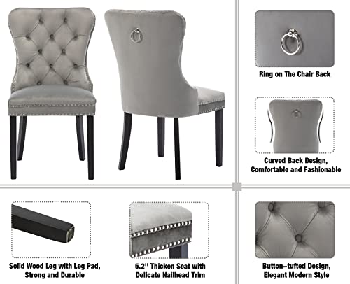 CIMOTA Velvet Dining Chairs Set of 4, Modern Tufted Dining Room Chairs with Nailhead Trim Upholstered Armless Side Chair with Solid Wood for Kitchen/Dining Room/Bedroom (Light Grey, Ring on The Back)