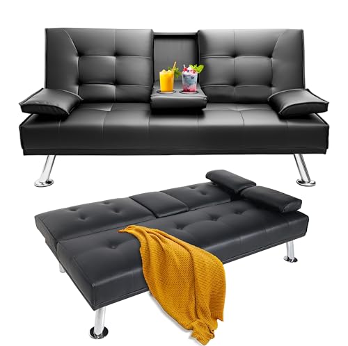 B Futon Sofa Bed, Modern Faux Leather Futon Sofa Bed with 2 Cup Holders and Pillows, Convertible Folding Futon Couch for Compact Living Space, Dorm, Offices, Black