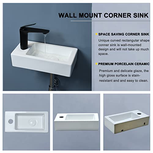 bathivy 15"x7.5" Wall Mount Corner Bathroom Sink with Pop-up Drain & Installation Kits, Rectangular White Ceramic Vessel Sink, Wall Hung Mini Floating Sink, Small Corner Sink for Bathrooms (Left Hand)