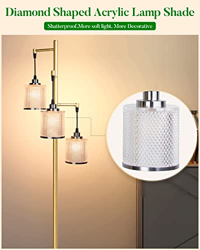 bulbeats 67IN Dimmable (Brightness Adjustable) Floor Lamp with 0%-100%, Floor Lamp with 3pcs LED Bulbs Included Plastic Shatterproof Lampshade Gold Mid-Century Modern Light for Living Room/Bedroom
