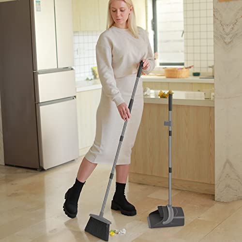 Broom and Dustpan Set, Broom Dust pan, Dustpan with Long Handle, Broom with Dustpan, Broom and Dustpan Set for Home, Dustpan Comb, Broom with Dustpan Indoor or Outdoor Broom(Deep Gray&Light Gray)