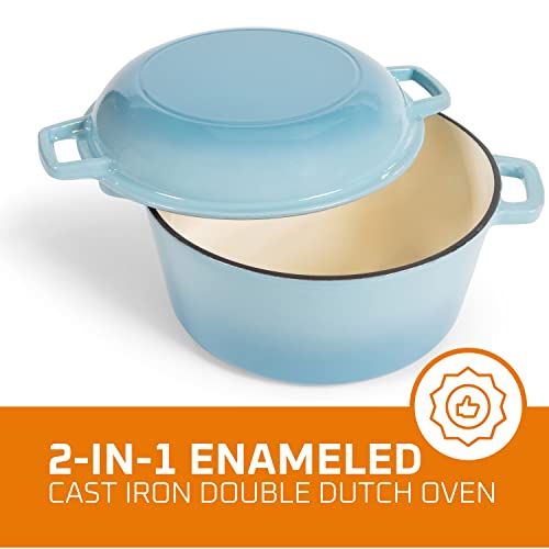 Bruntmor 2-in-1 Enamel Cast Iron Dutch Oven With Handles - Crock Pot Sky Blue Cast Iron pot with Skillet lid - All-in-One Cookware Braising Pan for Casserole Dish - 5 Quart, Sky Blue